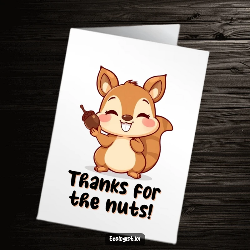 Funny Free Printable Thank You Card: Joyful squirrel balancing acorns on its nose, thankful and grinning, a cute downloadable gift.