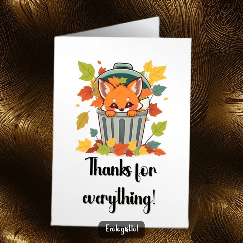 Funny Free Printable Thank You Card: Mischievous fox cub peeking from colorful leaves, offering a sly and heartfelt thank you.