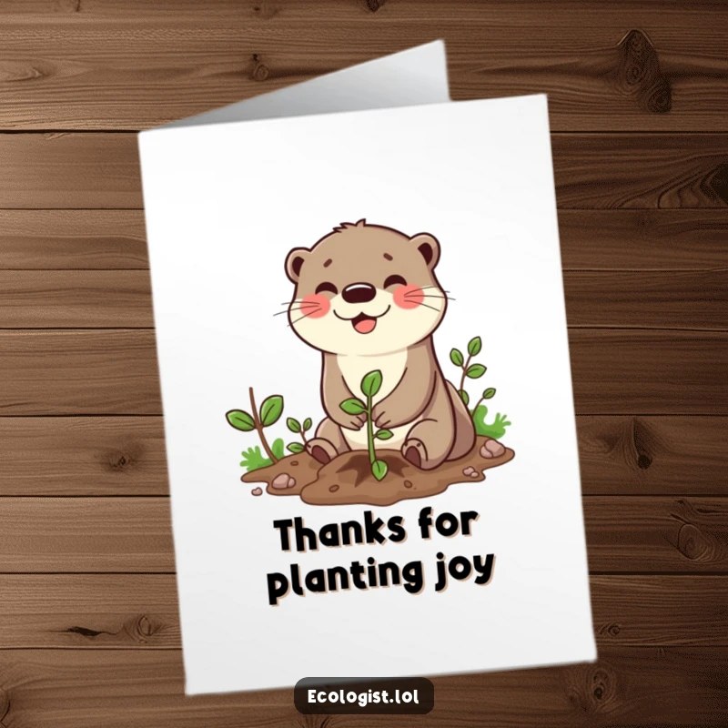 Funny Free Printable Thank You Card: Cheerful otter planting a sapling, expressing thanks with a big smile, a cute downloadable gift.