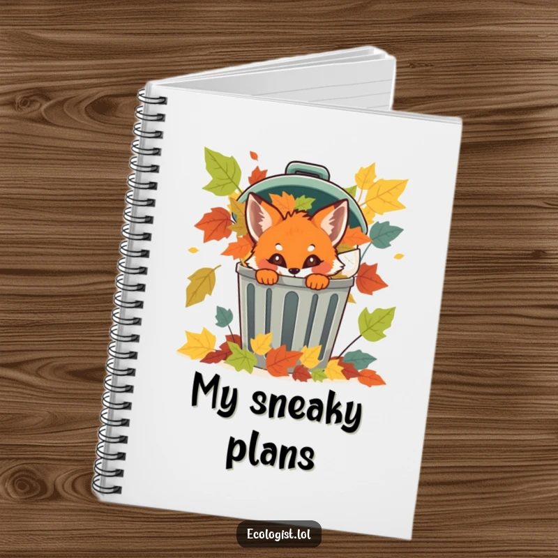 Funny fox cub peeking from a recycling bin filled with leaves on a notebook, inspiring nature notes.