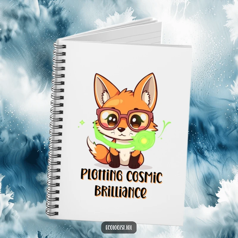 Funny notebook with a curious fox wearing oversized glasses, intently studying a swirl of green energy, perfect for jotting down ideas.