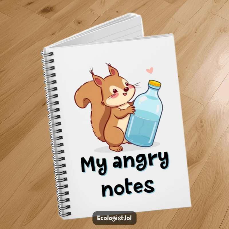 Funny squirrel wagging its tail while scolding a plastic bottle on a notebook cover, inspiring eco-notebooking.