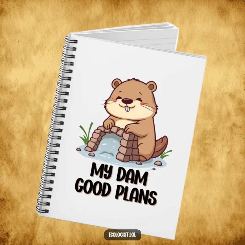 Funny notebook featuring a diligent beaver with a concentrated, happy expression, building an intricate dam, perfect for planning.