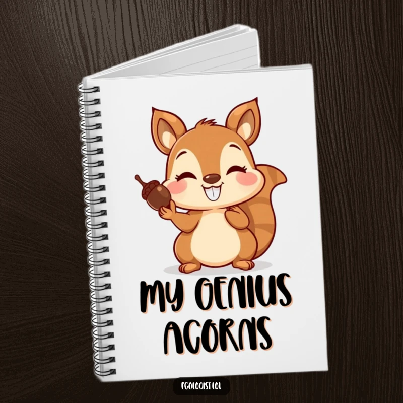Funny notebook featuring a joyful squirrel with a grin, balancing acorns on its nose, perfect for capturing bright ideas.