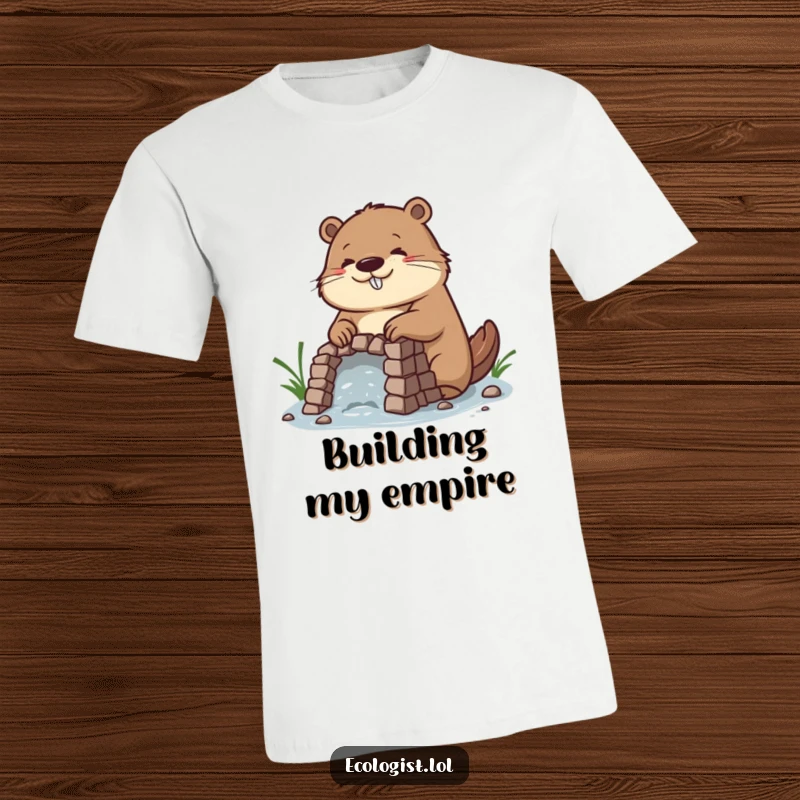 Funny t-shirt showcasing a diligent beaver with a happy, concentrated face, skillfully crafting a detailed dam, representing focused productivity.