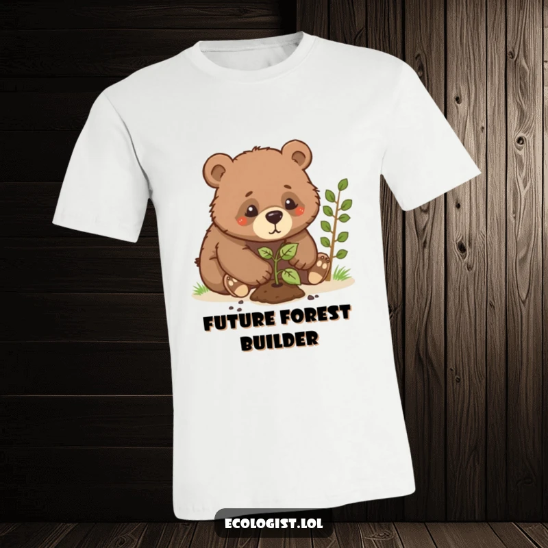 Funny bear cub t-shirt, a determined cub planting a small tree with a concentrated look, capturing a humorous moment of nature.