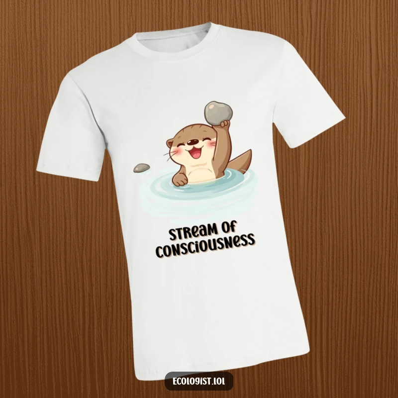 Funny joyful otter swimming in a clear stream, holding a shiny clean pebble, showcased on a comfortable t-shirt.