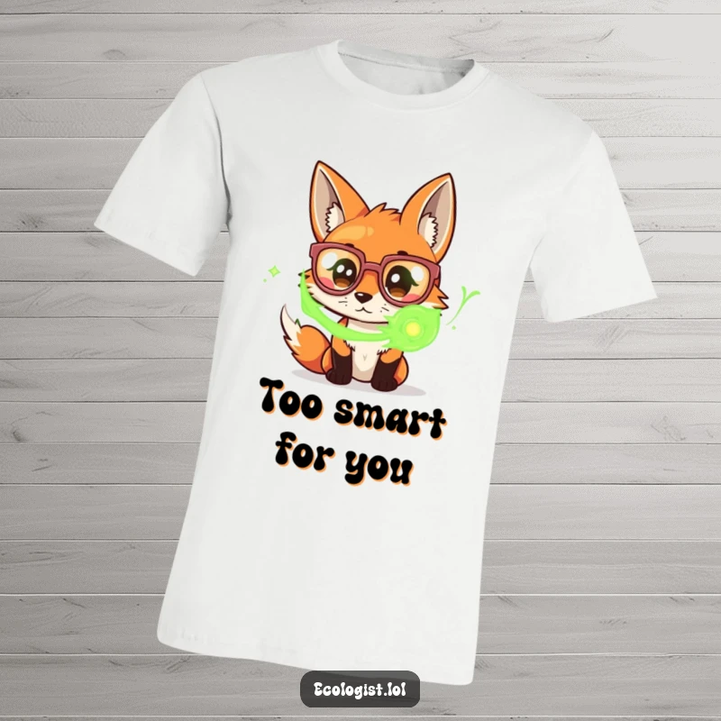 Funny t-shirt featuring a curious fox in large glasses, peering intently at a swirling vortex of green energy, highlighting fascination.
