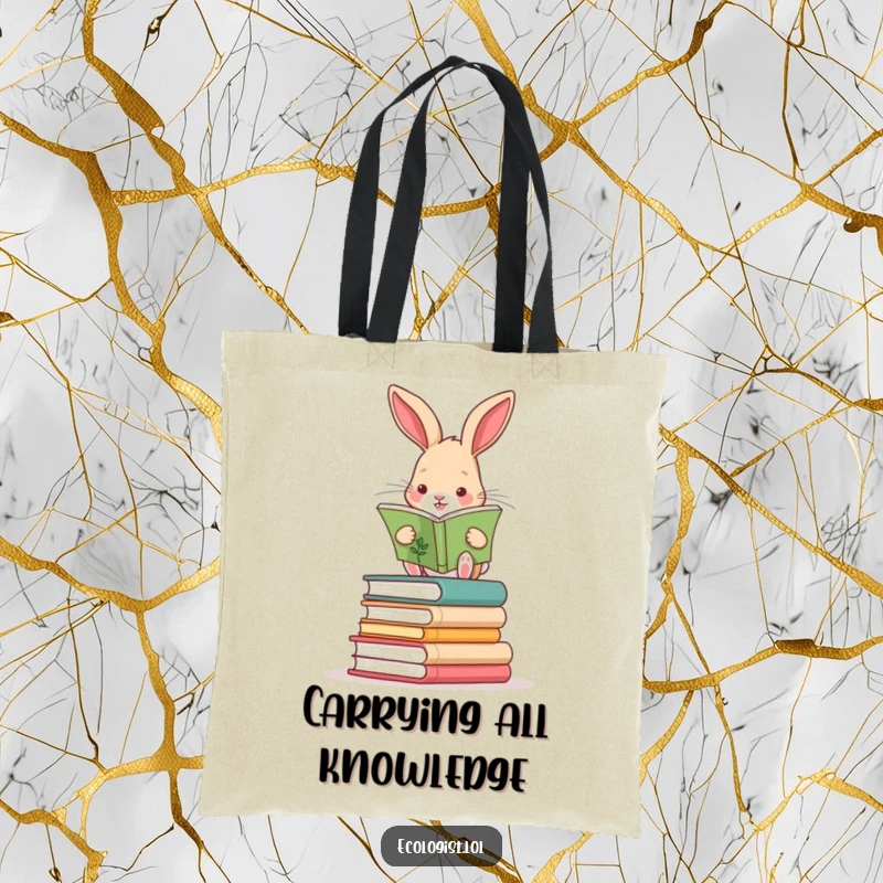 Funny rabbit balancing on a stack of books while reading a plant guide, on a stylish tote bag.