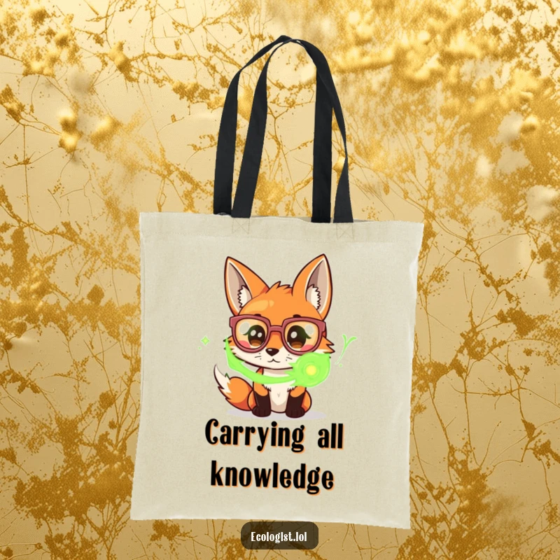 Funny tote bag featuring a curious fox with oversized glasses, intently observing swirling green energy, perfect for carrying discoveries.