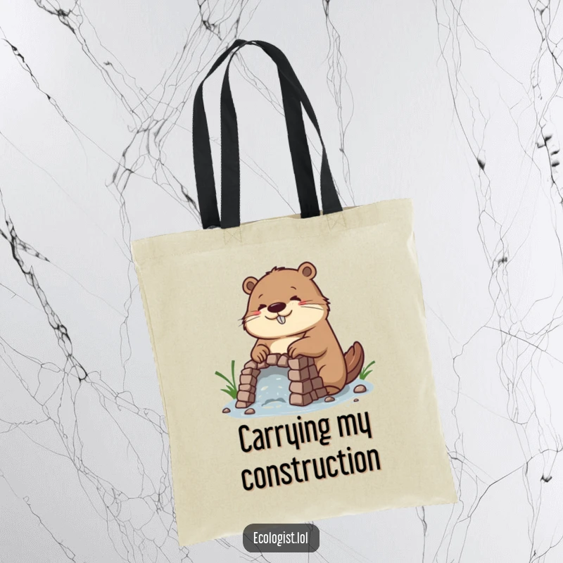 Funny tote bag illustrating a diligent beaver with a focused, happy expression, building an intricate dam, perfect for carrying tools.