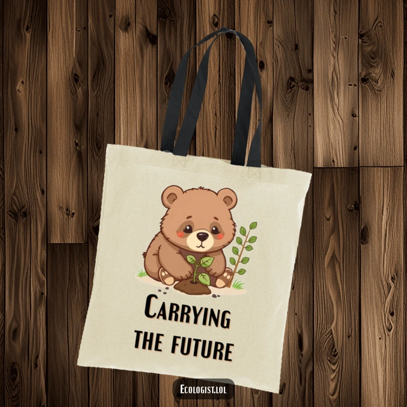 Funny bear cub tote bag, a cub planting a sapling with great focus, showcasing determination and a touch of playful humor.