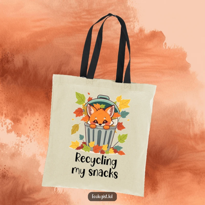 Funny fox cub peeking from a recycling bin overflowing with colorful leaves on a practical tote bag.