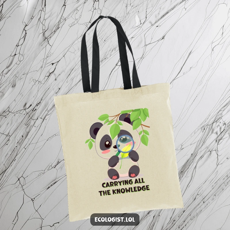 Funny panda tote bag with a cute character examining a glowing leaf with a magnifying glass with curiosity, great for humorous everyday use.